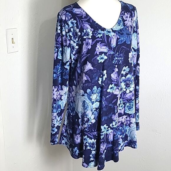 Isaac Mizrahi Shades of Blue Aysemetrical Tunic Top, Ruffled Hemline, Size Large - Picture 4 of 12
